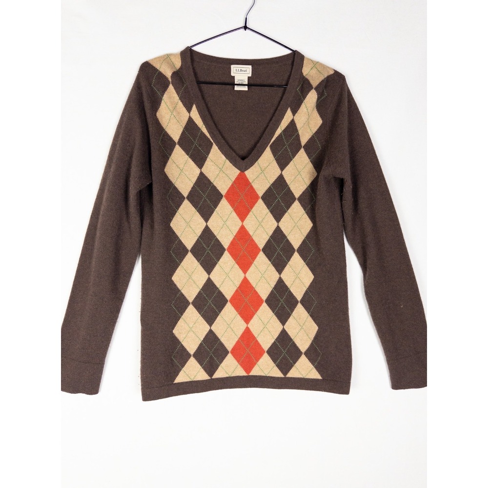 LL Bean Cashmere Sweater‎ Womens M Argyle V Neck Casual Pullover Knit